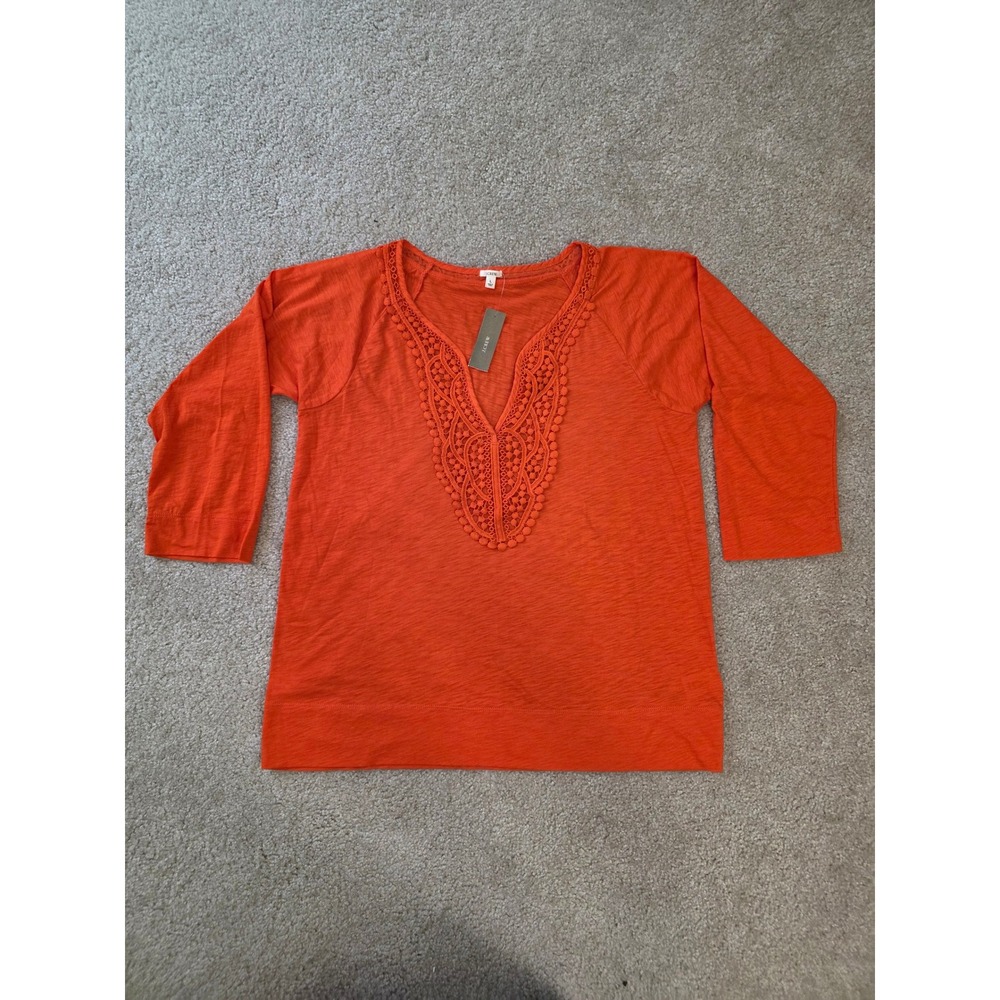 J.Crew Womens Orange Crochet Lace Bib V-Neck 3/4 Sleeve Top blended cotton L NWT